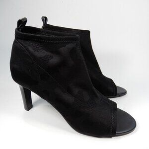 TARYN ROSE Helene Open Toe Bootie Heels 6.5 Stretch Leather Lined Black Camo NEW